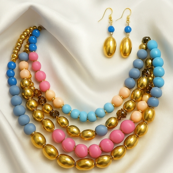 Jewelry - Multicolor Layered Beaded Necklace & Gold Drop Earrings – Statement Fashion Set